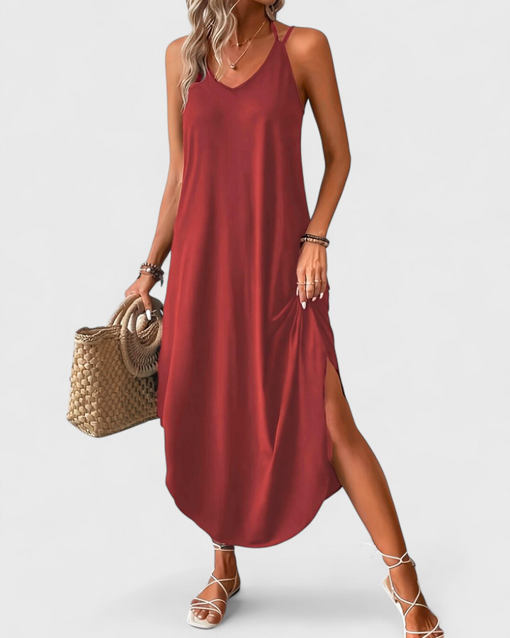 Zofia™ – Lång, Flödande Sommarklänning med Smala Axelband