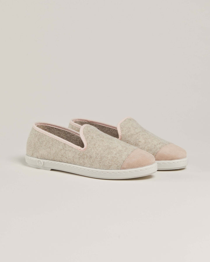 Éléonore | Chaussons en laine recyclée beige et rose poudré
